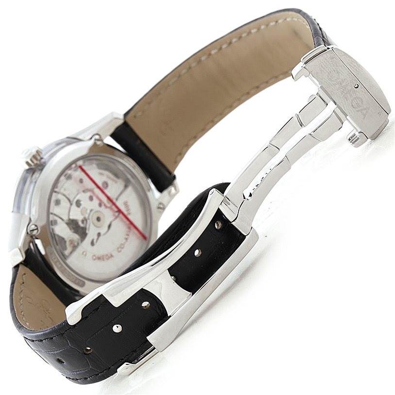 The image shows the back and clasp of an Omega De Ville 431.33.41.21.03.001 Men
s Stainless Steel Blue Dial 431.33.41.21.03.001 Men
s Stainless Steel Blue Dial watch, focusing on the transparent case back and leather strap.