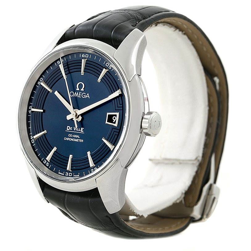 The image shows an angled view of an Omega De Ville 431.33.41.21.03.001 Men
s Stainless Steel Blue Dial 431.33.41.21.03.001 Men
s Stainless Steel Blue Dial watch, highlighting the blue dial, silver hands, case, and black leather strap.