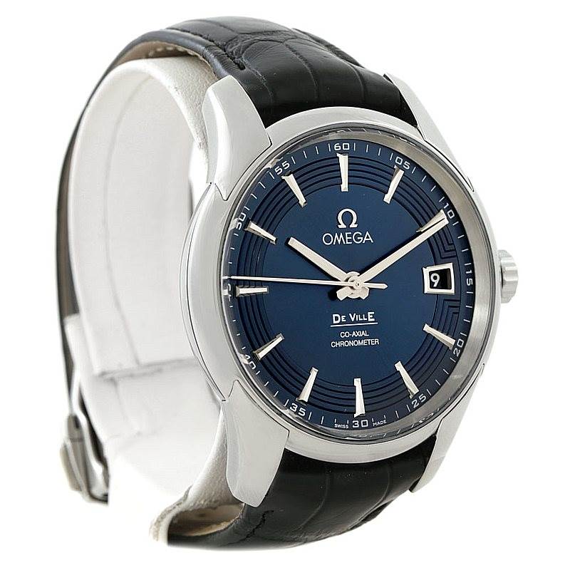 The image shows a front and slightly angled view of an Omega De Ville 431.33.41.21.03.001 Men
s Stainless Steel Blue Dial 431.33.41.21.03.001 Men
s Stainless Steel Blue Dial watch with a blue dial and black leather strap.