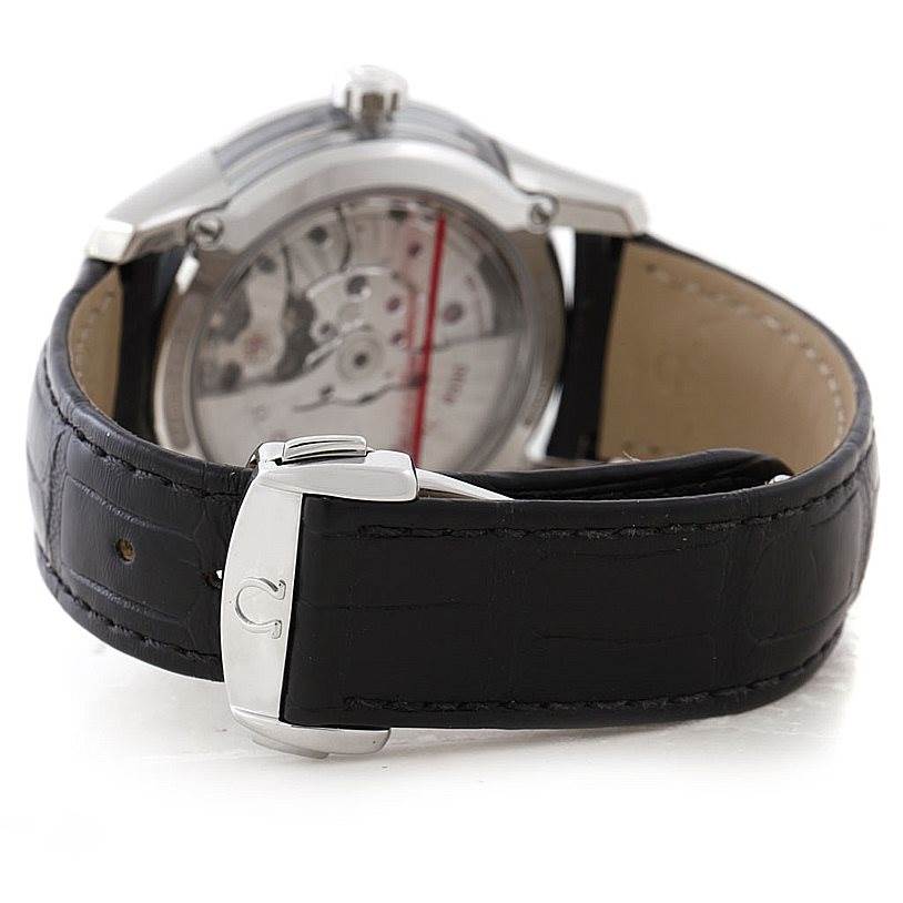 The image shows the back of the Omega De Ville 431.33.41.21.03.001 Men
s Stainless Steel Blue Dial 431.33.41.21.03.001 Men
s Stainless Steel Blue Dial watch, highlighting its open case back and black leather strap with a buckle.