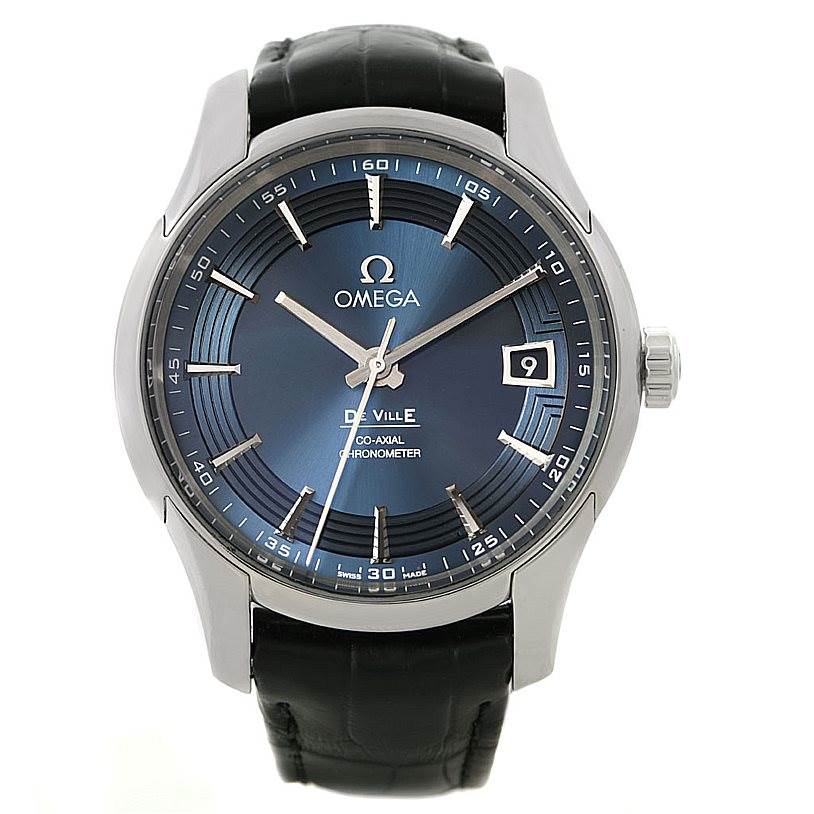 This is a frontal view of an Omega De Ville 431.33.41.21.03.001 Men
s Stainless Steel Blue Dial 431.33.41.21.03.001 Men
s Stainless Steel Blue Dial watch, displaying its face, hands, crown, and leather strap.