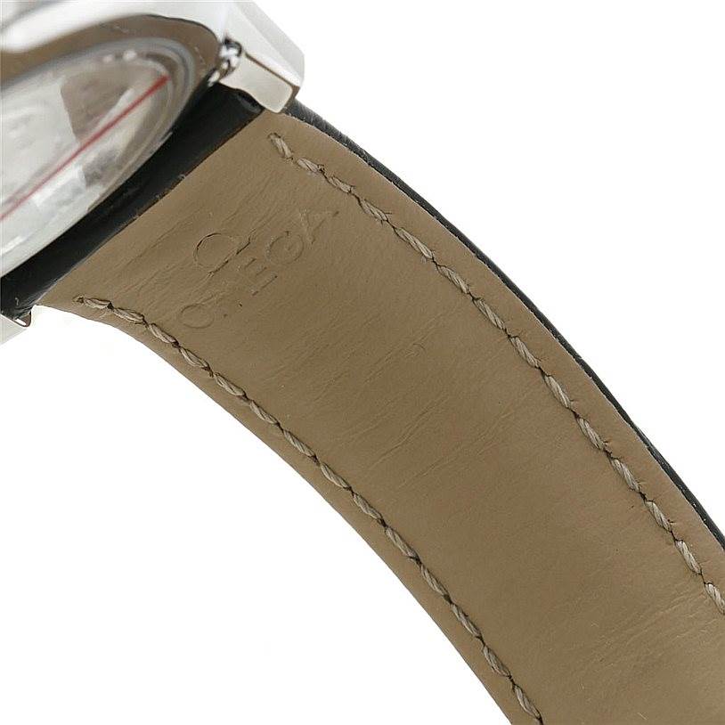 The image shows a close-up of the strap and case attachment of an Omega De Ville 431.33.41.21.03.001 Men
s Stainless Steel Blue Dial 431.33.41.21.03.001 Men
s Stainless Steel Blue Dial watch, highlighting the stitching and the Omega logo.