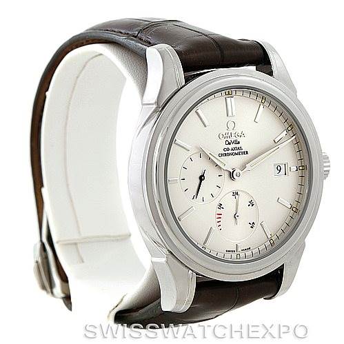 This image shows the Omega De Ville 4832.31.32 Men's Stainless Steel Silver Dial 4832.31.32 Men's Stainless Steel Silver Dial watch at a slight angle, highlighting its face, case, crown, and brown leather strap.