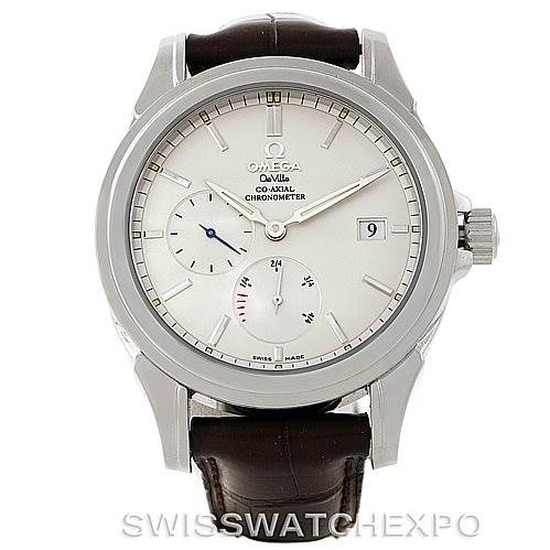 The image features a front view of the Omega De Ville 4832.31.32 Men's Stainless Steel Silver Dial 4832.31.32 Men's Stainless Steel Silver Dial Co-Axial Chronometer watch displaying its dial, subdials, and date window.