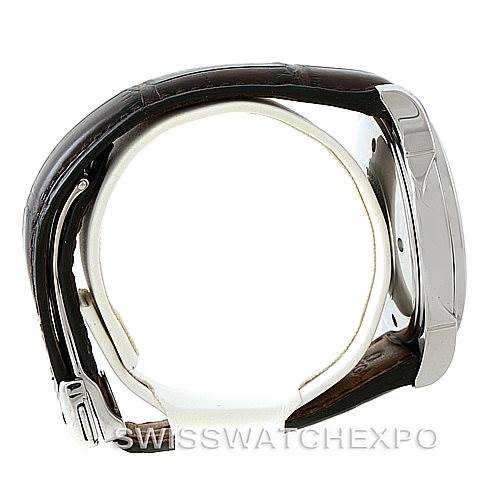 The image shows a side view of the Omega De Ville 4832.31.32 Men's Stainless Steel Silver Dial 4832.31.32 Men's Stainless Steel Silver Dial watch, focusing on the case, crown, and the leather strap with a buckle.