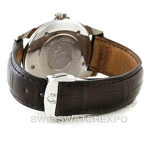 The image shows the back case, crown, and clasp of an Omega De Ville 4832.31.32 Men's Stainless Steel Silver Dial 4832.31.32 Men's Stainless Steel Silver Dial watch, highlighting the leather strap and engraved case back.