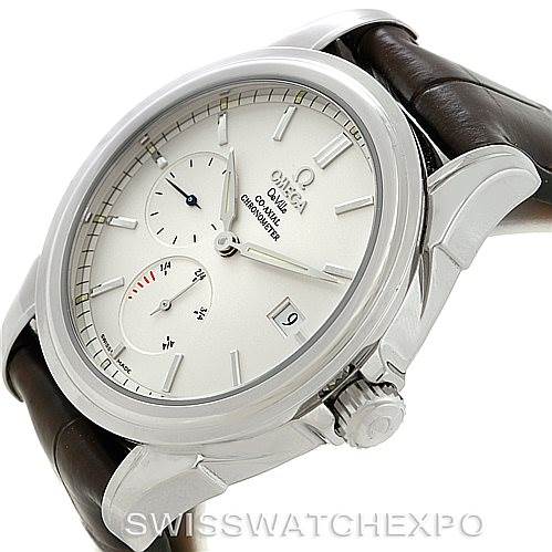 The image shows an Omega De Ville 4832.31.32 Men's Stainless Steel Silver Dial 4832.31.32 Men's Stainless Steel Silver Dial watch at a slight angle highlighting the dial, crown, and part of the leather strap.