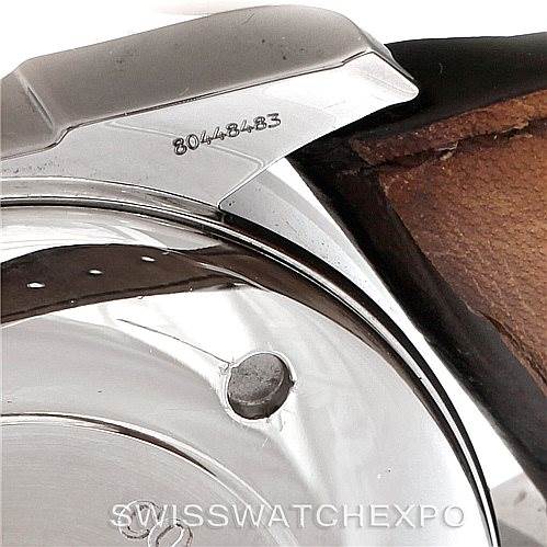 This close-up image of the Omega De Ville 4832.31.32 Men's Stainless Steel Silver Dial 4832.31.32 Men's Stainless Steel Silver Dial watch shows part of the case back, leather strap, and serial number inscription.