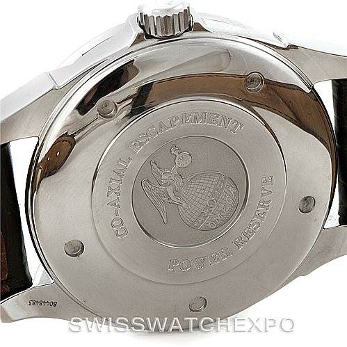 This image shows the case back and crown of an Omega De Ville 4832.31.32 Men's Stainless Steel Silver Dial 4832.31.32 Men's Stainless Steel Silver Dial watch, featuring engravings and a leather strap.