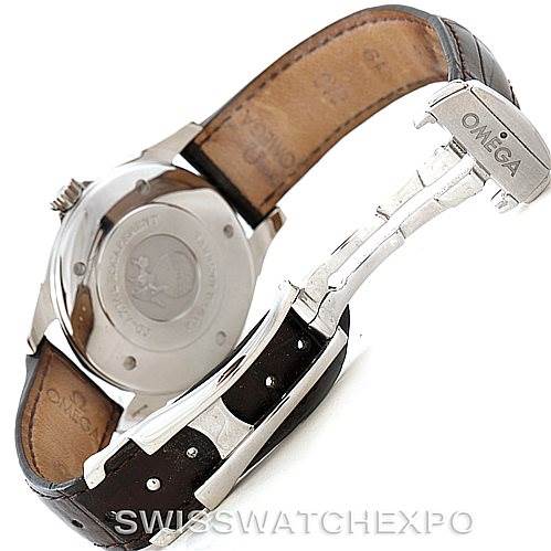 This image shows the back and clasp of the Omega De Ville 4832.31.32 Men's Stainless Steel Silver Dial 4832.31.32 Men's Stainless Steel Silver Dial watch, highlighting the branding and leather strap.