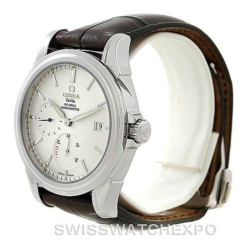 The image shows an Omega De Ville 4832.31.32 Men's Stainless Steel Silver Dial 4832.31.32 Men's Stainless Steel Silver Dial watch at an angled view, highlighting its face, crown, leather strap, and buckled clasp.