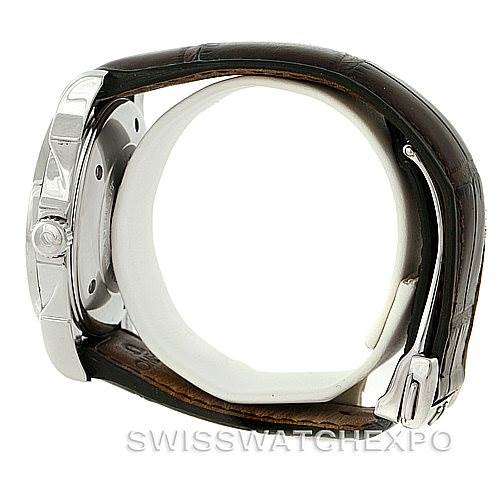 This image shows the side view of an Omega De Ville 4832.31.32 Men's Stainless Steel Silver Dial 4832.31.32 Men's Stainless Steel Silver Dial model watch, highlighting its case, crown, and leather strap.