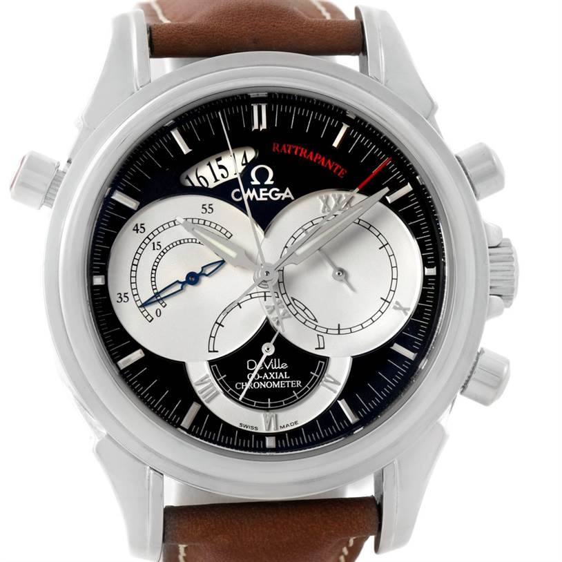 The image shows a front view of an Omega De Ville 4847.50.31 Men's Stainless Steel Black Dial 4847.50.31 Men's Stainless Steel Black Dial watch, including its dial and brown leather strap.