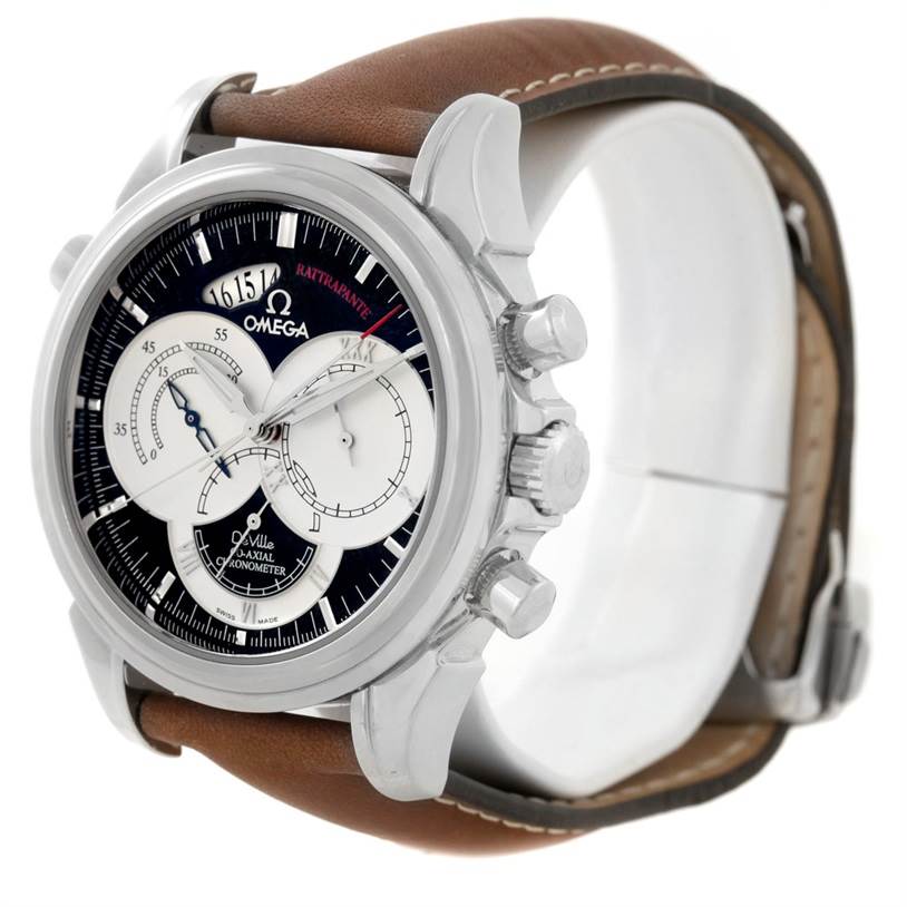 The De Ville model by Omega is shown from a front-right angle, highlighting the face, crown, pushers, and brown leather strap.