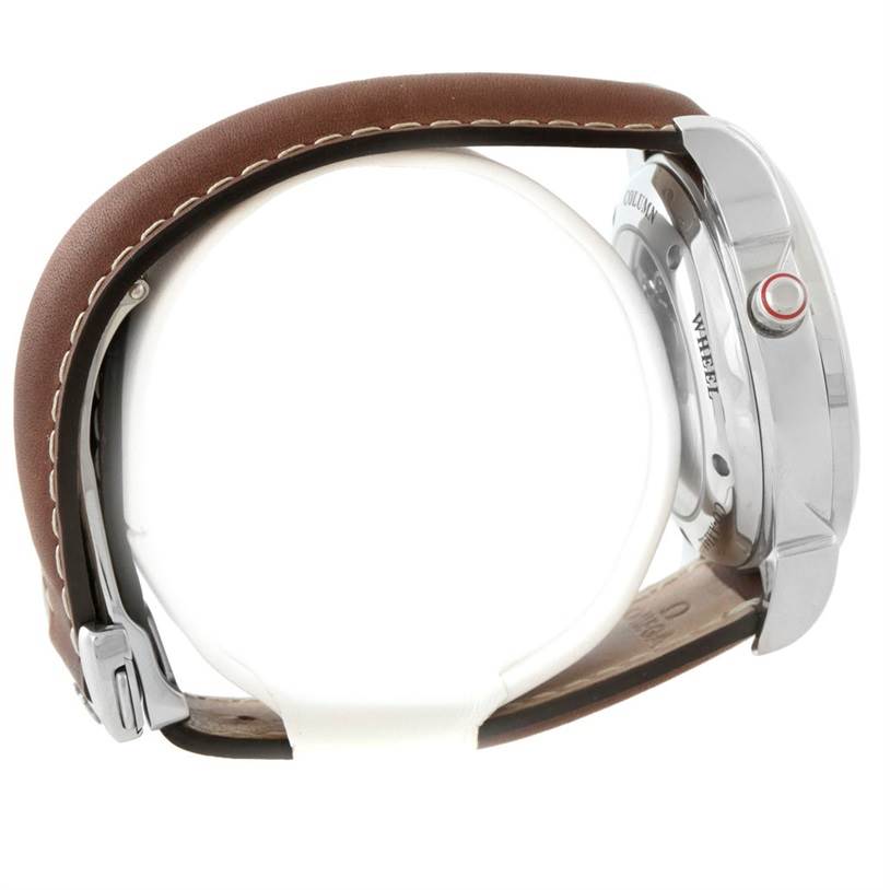 This image shows the side view of an Omega De Ville 4847.50.31 Men's Stainless Steel Black Dial 4847.50.31 Men's Stainless Steel Black Dial watch, featuring the crown and brown leather strap.