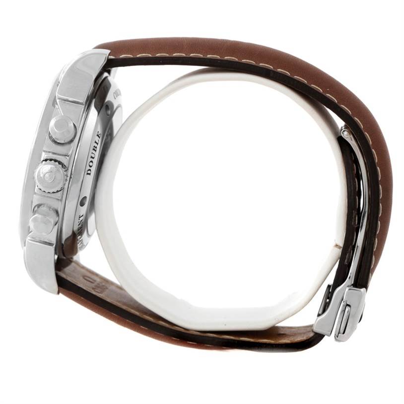 The image shows a side view of the Omega De Ville 4847.50.31 Men's Stainless Steel Black Dial 4847.50.31 Men's Stainless Steel Black Dial watch, highlighting the chronograph pushers, crown, and brown leather strap.