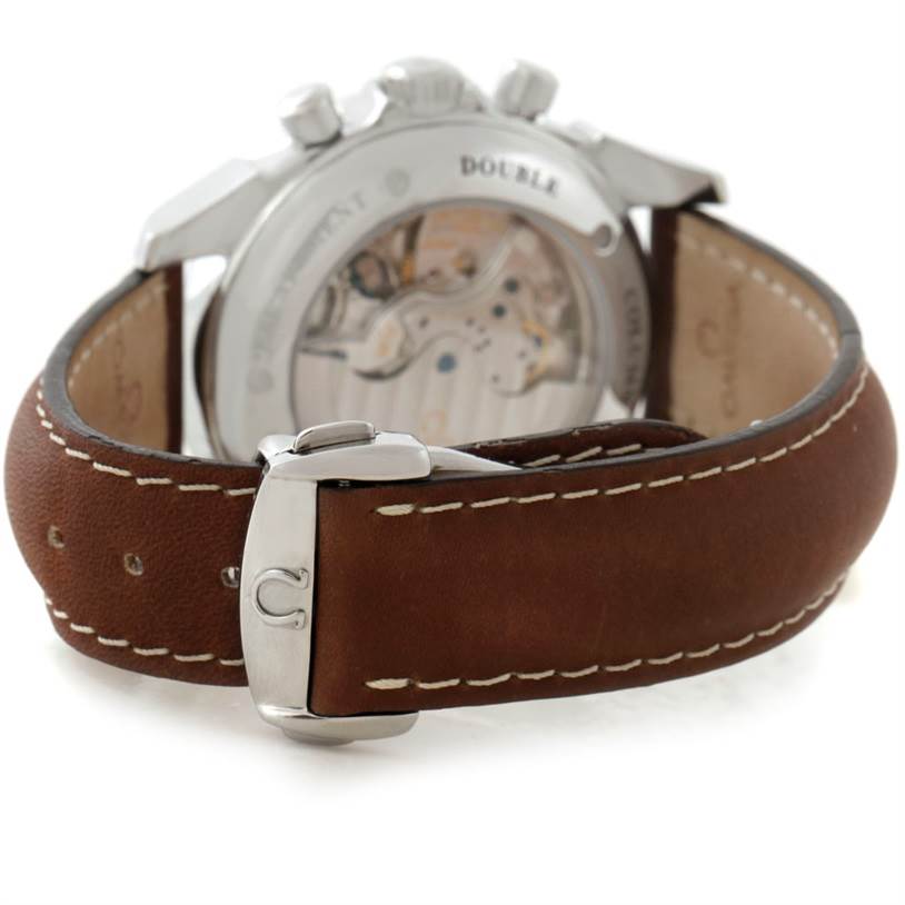 This image shows the back view of the Omega De Ville 4847.50.31 Men's Stainless Steel Black Dial 4847.50.31 Men's Stainless Steel Black Dial watch, highlighting the leather strap, clasp, and part of the movement.