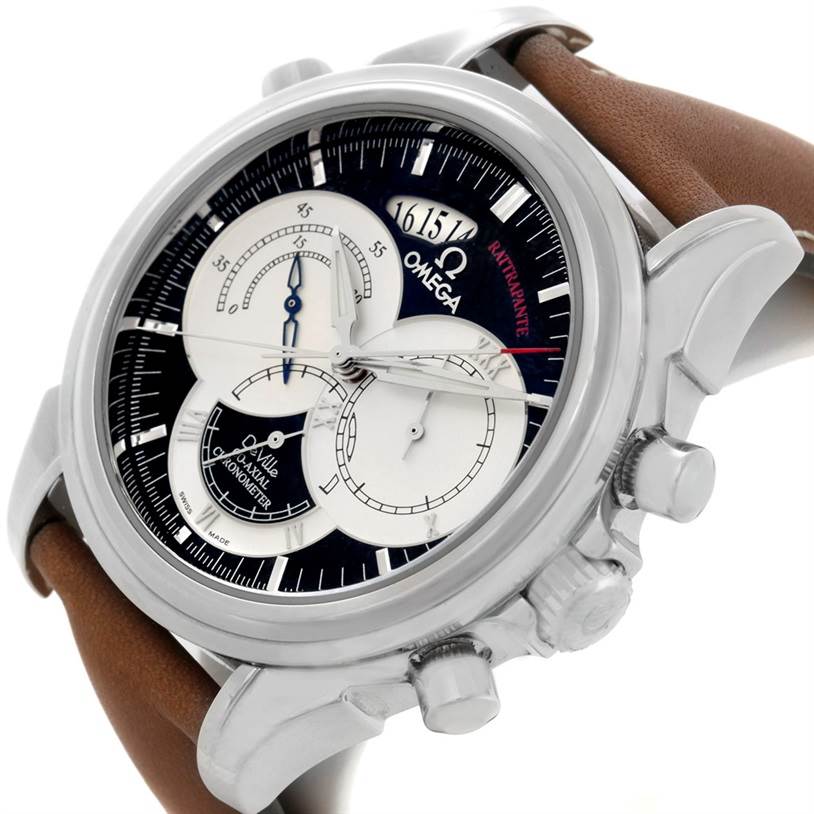 This image shows a close-up of the Omega De Ville 4847.50.31 Men's Stainless Steel Black Dial 4847.50.31 Men's Stainless Steel Black Dial watch face and side buttons, with a brown leather strap.