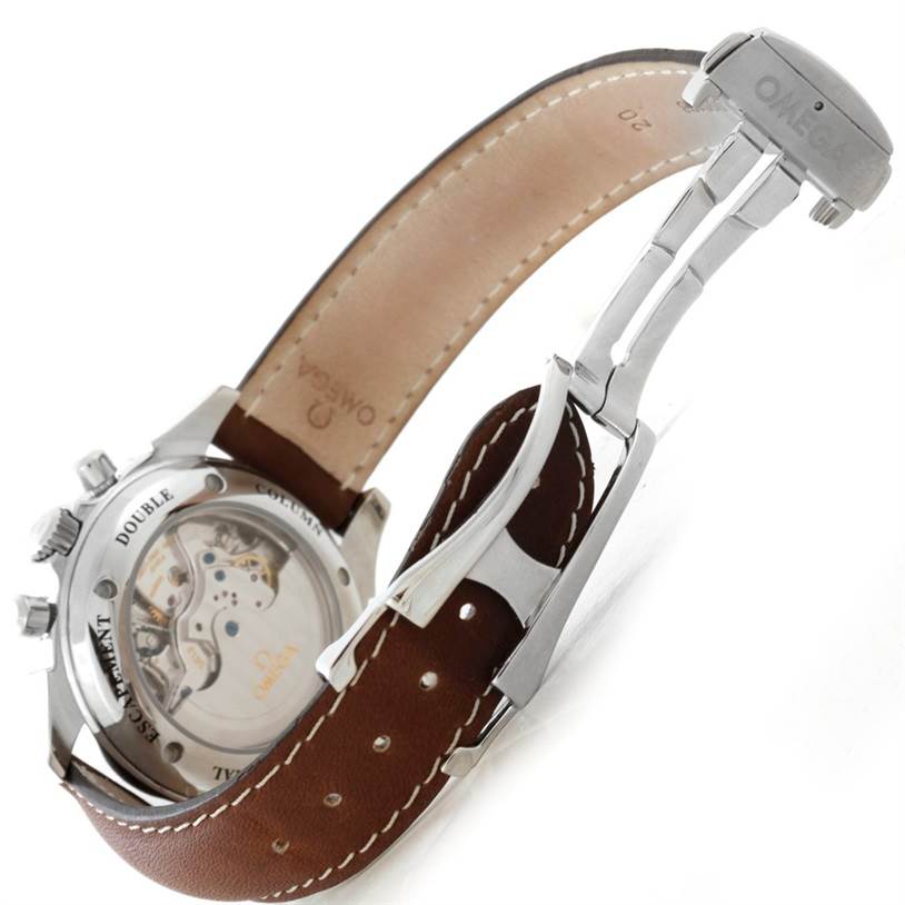 The image shows the back view of an Omega De Ville 4847.50.31 Men's Stainless Steel Black Dial 4847.50.31 Men's Stainless Steel Black Dial watch with its leather strap and deployant clasp partially open.