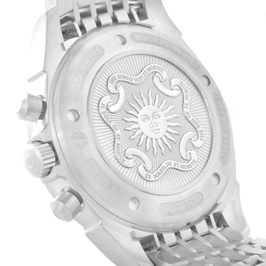 The image shows the caseback and partial bracelet of an Omega De Ville 422.10.41.50.04.001 Men's Stainless Steel White Dial 422.10.41.50.04.001 Men's Stainless Steel White Dial watch, viewed from an angled side perspective.