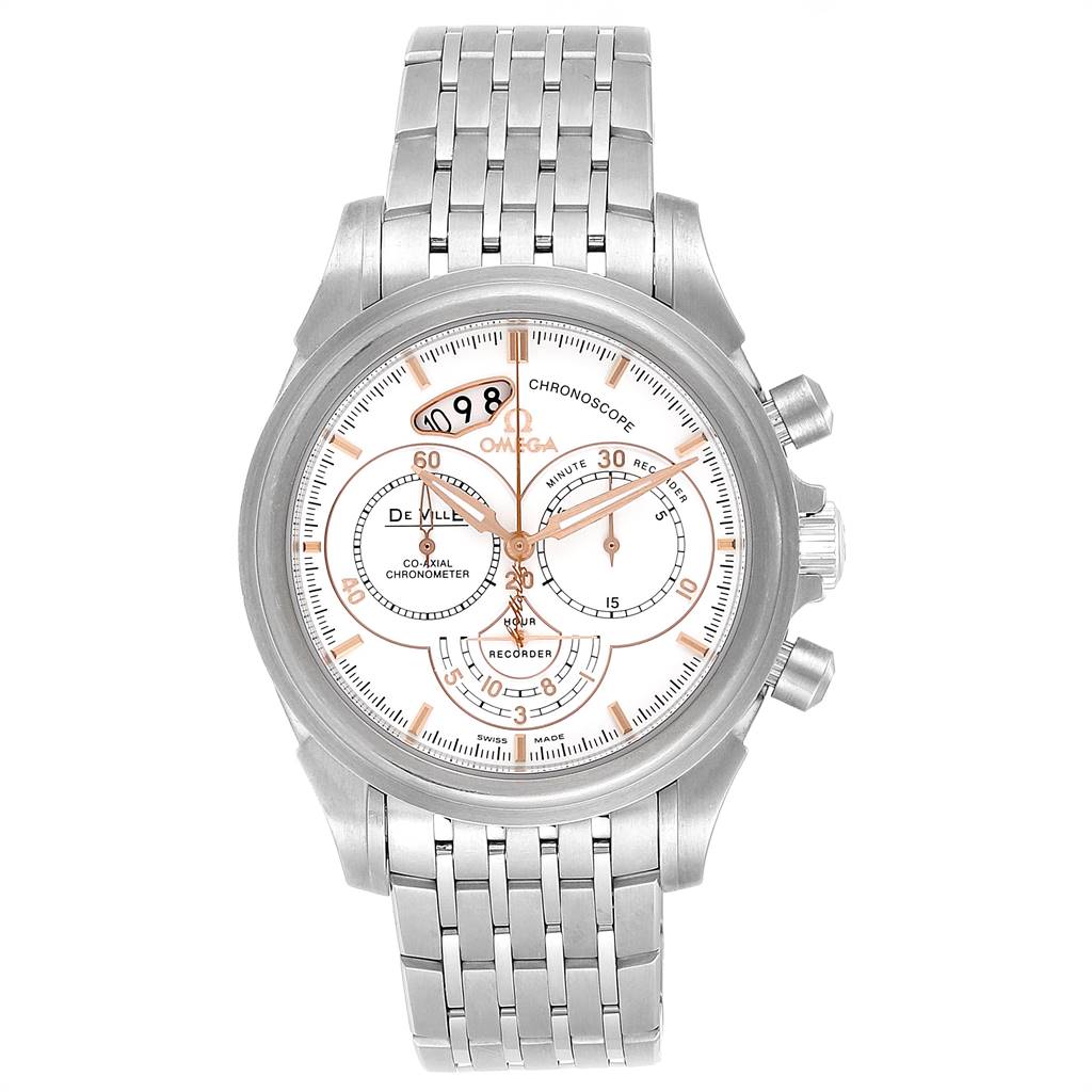The image shows a front view of an Omega De Ville 422.10.41.50.04.001 Men's Stainless Steel White Dial 422.10.41.50.04.001 Men's Stainless Steel White Dial watch, displaying its face, dial, and band.