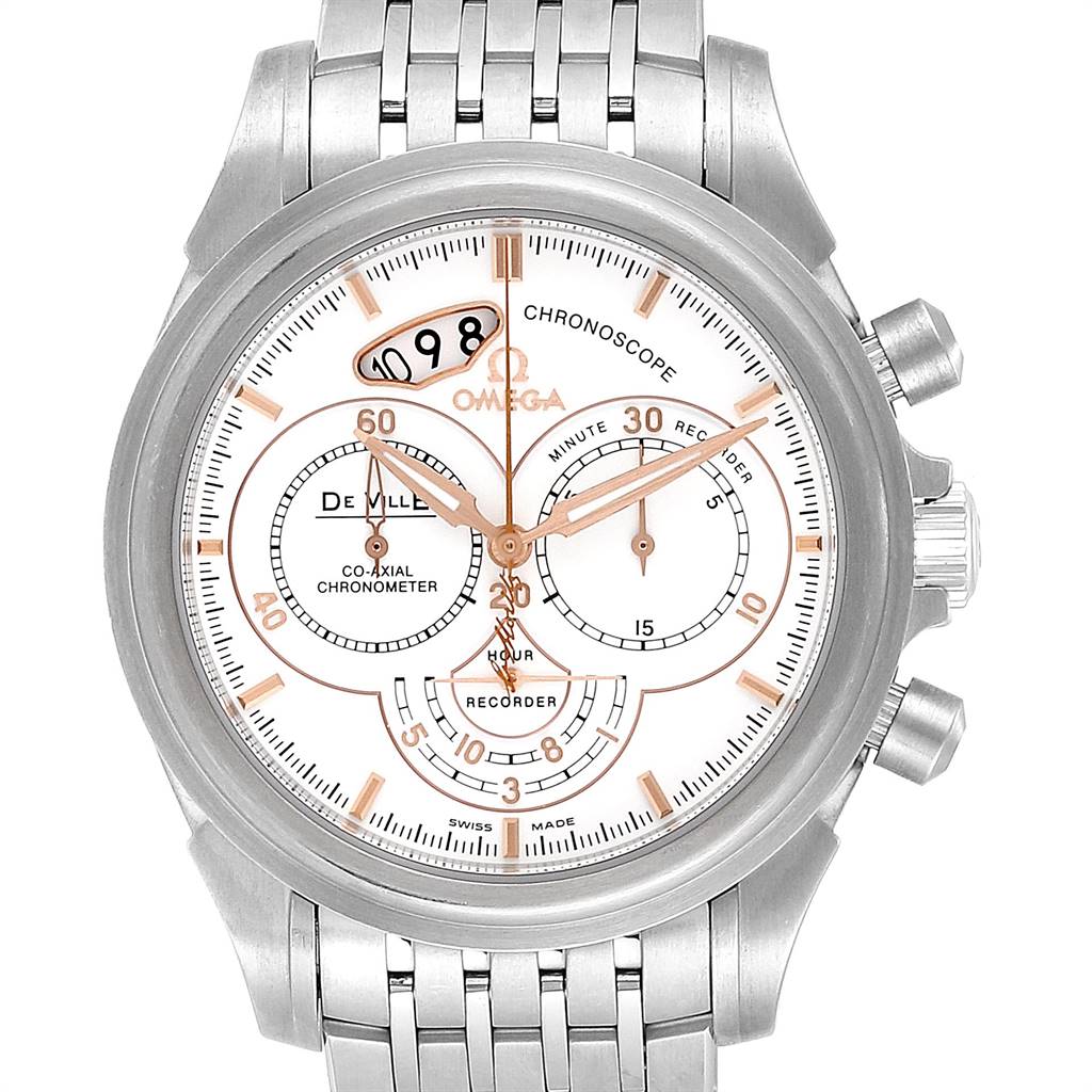 The image shows a frontal view of the Omega De Ville 422.10.41.50.04.001 Men's Stainless Steel White Dial 422.10.41.50.04.001 Men's Stainless Steel White Dial watch displaying its stainless steel case, bracelet, and chronograph dials.