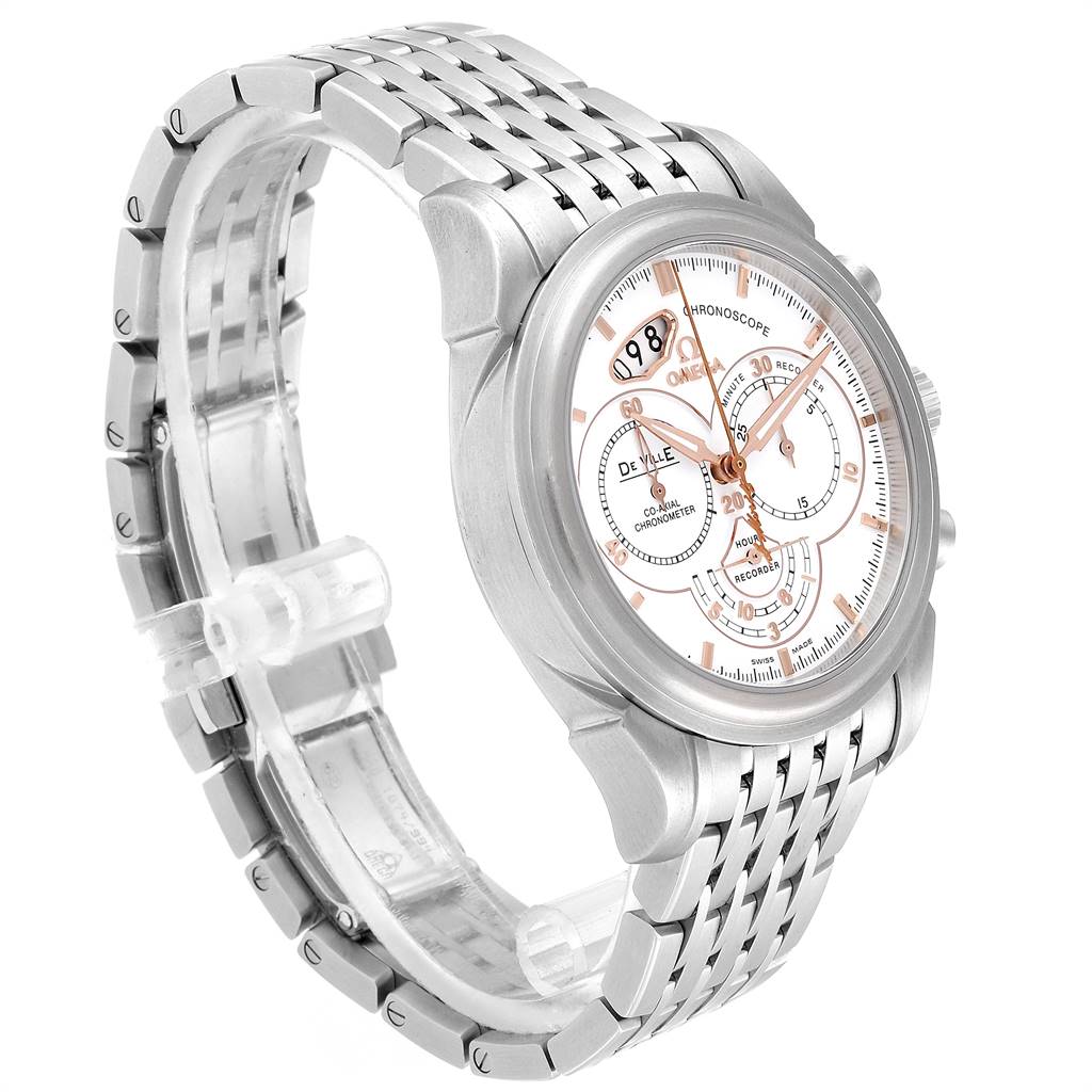 The image shows a side view of an Omega De Ville 422.10.41.50.04.001 Men's Stainless Steel White Dial 422.10.41.50.04.001 Men's Stainless Steel White Dial watch, highlighting the face, bezel, and metal bracelet.