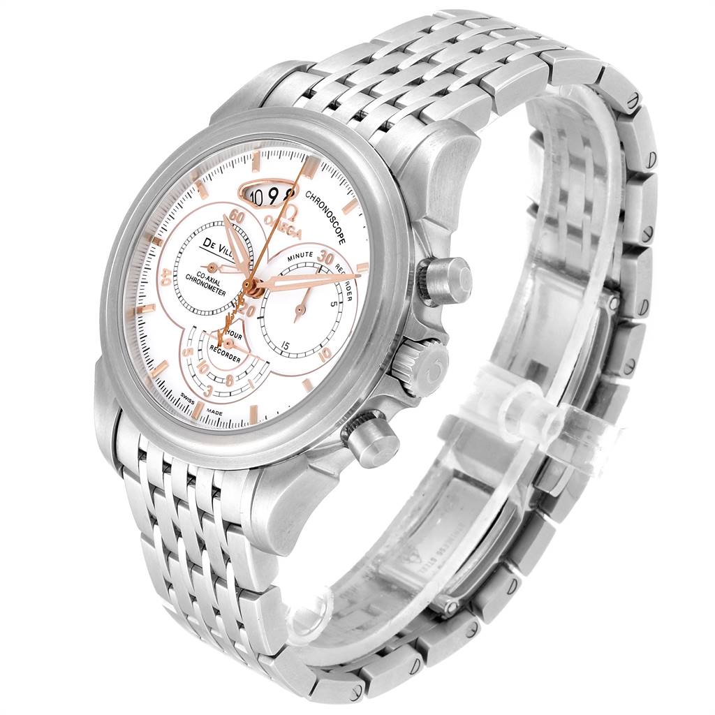The Omega De Ville 422.10.41.50.04.001 Men's Stainless Steel White Dial 422.10.41.50.04.001 Men's Stainless Steel White Dial watch is shown at a three-quarter angle, displaying the face, chronograph buttons, and metal bracelet.