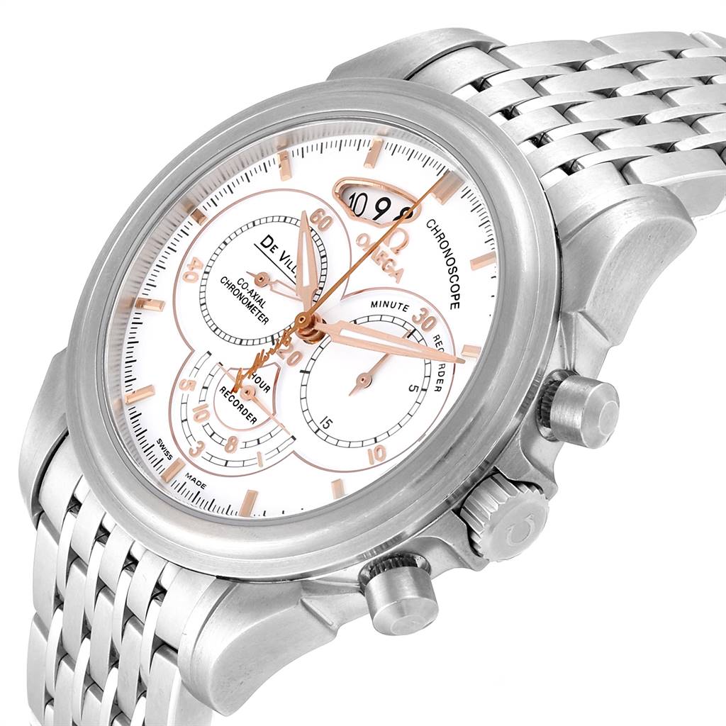 This image shows a close-up angle of an Omega De Ville 422.10.41.50.04.001 Men's Stainless Steel White Dial 422.10.41.50.04.001 Men's Stainless Steel White Dial watch, highlighting the dial, chronograph subdials, and stainless steel bracelet.
