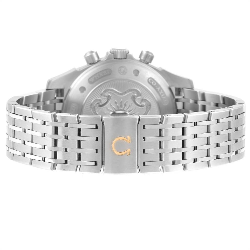 This image shows the back view of the Omega De Ville 422.10.41.50.04.001 Men's Stainless Steel White Dial 422.10.41.50.04.001 Men's Stainless Steel White Dial watch, focusing on the clasp and stainless steel bracelet.