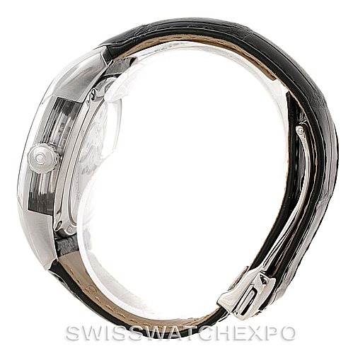 This side view of the Omega De Ville 431.33.41.21.03.001 Men's Stainless Steel Blue Dial 431.33.41.21.03.001 Men's Stainless Steel Blue Dial watch shows the case, crown, and black leather strap with a clasp.