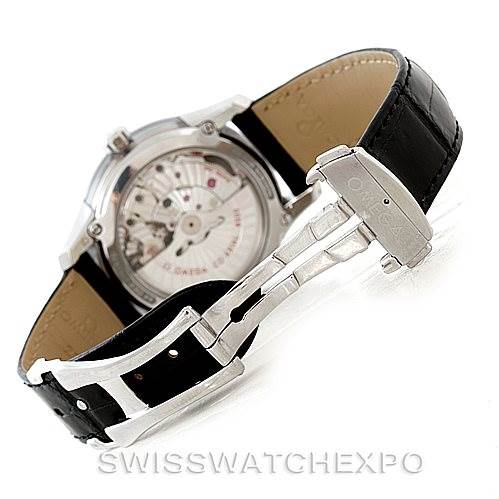 The image shows the back angle of the Omega De Ville 431.33.41.21.03.001 Men's Stainless Steel Blue Dial 431.33.41.21.03.001 Men's Stainless Steel Blue Dial watch, highlighting the leather strap, clasp, and exhibition case back with visible movement.