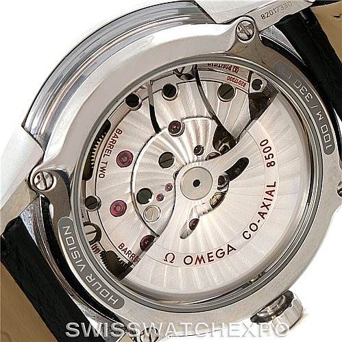 The image shows the back view of the Omega De Ville 431.33.41.21.03.001 Men's Stainless Steel Blue Dial 431.33.41.21.03.001 Men's Stainless Steel Blue Dial watch, revealing the intricate Co-Axial 8500 movement.