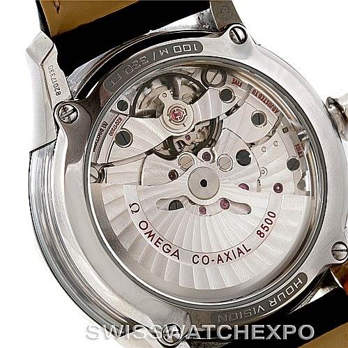 This image shows the back view of an Omega De Ville 431.33.41.21.03.001 Men's Stainless Steel Blue Dial 431.33.41.21.03.001 Men's Stainless Steel Blue Dial watch, displaying its intricate Co-Axial 8500 movement.