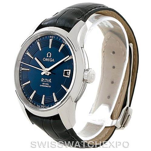 The image shows a side angle of the Omega De Ville 431.33.41.21.03.001 Men's Stainless Steel Blue Dial 431.33.41.21.03.001 Men's Stainless Steel Blue Dial watch, highlighting the blue dial, stainless steel case, leather strap, and crown.