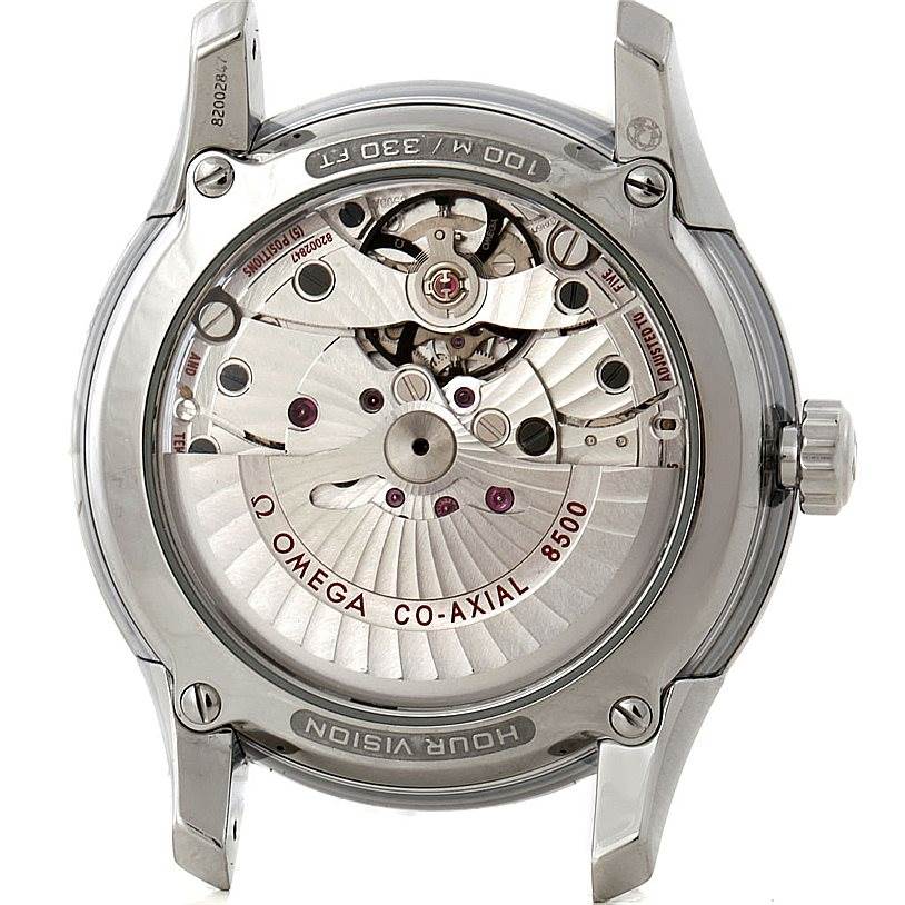 The image shows the back view of the Omega De Ville 431.30.41.22.02.001 Men's Stainless Steel Silver Dial 431.30.41.22.02.001 Men's Stainless Steel Silver Dial watch, displaying its Co-Axial 8500 movement.