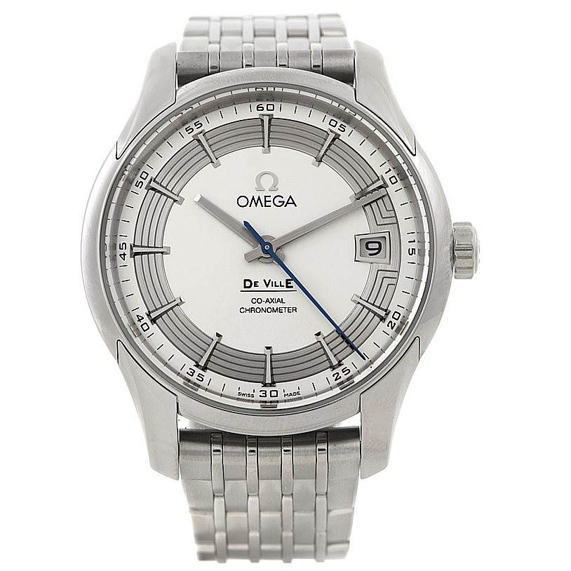 The image shows a front view of the Omega De Ville 431.30.41.22.02.001 Men's Stainless Steel Silver Dial 431.30.41.22.02.001 Men's Stainless Steel Silver Dial watch, displaying its face, hour markers, hands, date window, and metal bracelet.