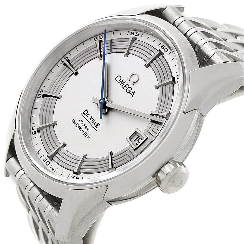 The image shows an angled front view of an Omega De Ville 431.30.41.22.02.001 Men's Stainless Steel Silver Dial 431.30.41.22.02.001 Men's Stainless Steel Silver Dial watch, displaying the face, dial, case, crown, and part of the bracelet.