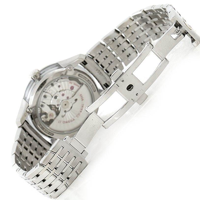 This image shows the back of the Omega De Ville 431.30.41.22.02.001 Men's Stainless Steel Silver Dial 431.30.41.22.02.001 Men's Stainless Steel Silver Dial watch, focusing on its movement mechanism and partially open metal bracelet clasp.