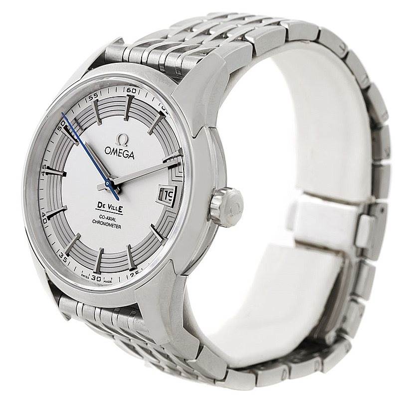 This image shows a side angle of an Omega De Ville 431.30.41.22.02.001 Men's Stainless Steel Silver Dial 431.30.41.22.02.001 Men's Stainless Steel Silver Dial watch, highlighting the dial, crown, and metal bracelet.