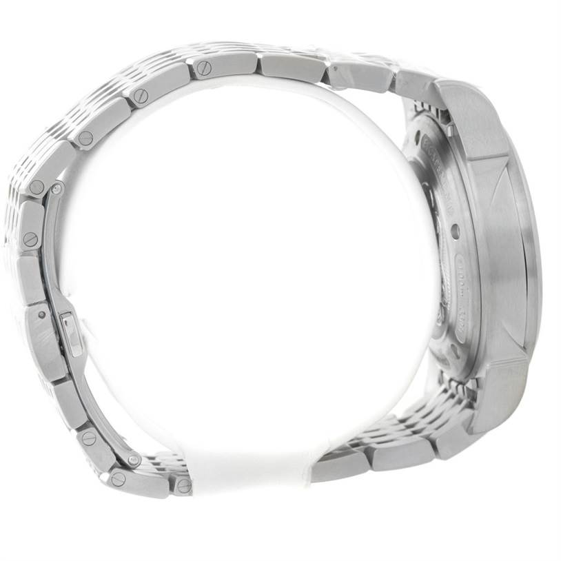 The image shows a side view of an Omega De Ville 422.10.41.50.04.001 Men's Stainless Steel White Dial 422.10.41.50.04.001 Men's Stainless Steel White Dial watch, highlighting its stainless steel bracelet and case back.