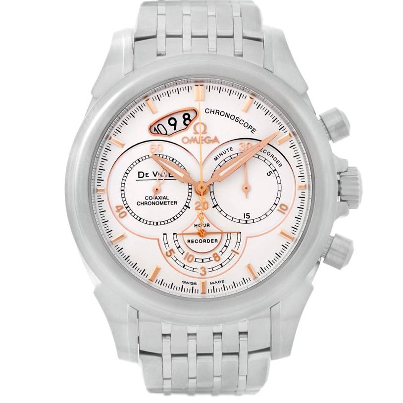 This Omega De Ville 422.10.41.50.04.001 Men's Stainless Steel White Dial 422.10.41.50.04.001 Men's Stainless Steel White Dial watch is shown from the front angle, highlighting its dial, bezel, and bracelet.