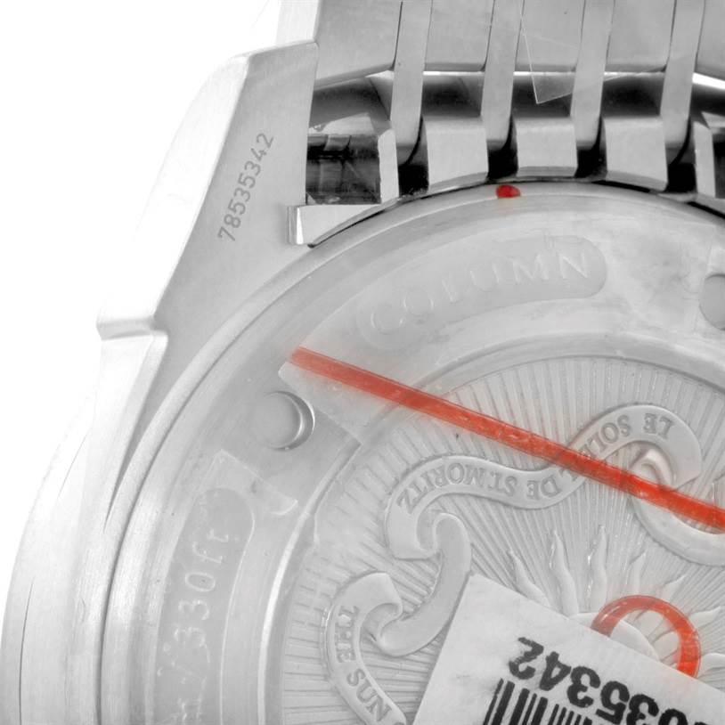 The image shows the back case, part of the bracelet, and serial numbers of the Omega De Ville 422.10.41.50.04.001 Men's Stainless Steel White Dial 422.10.41.50.04.001 Men's Stainless Steel White Dial watch at an angled close-up.