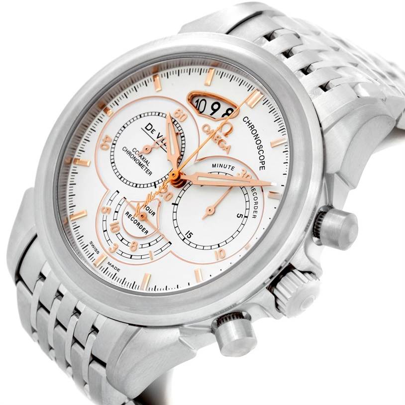 The image shows the face and side buttons of an Omega De Ville 422.10.41.50.04.001 Men's Stainless Steel White Dial 422.10.41.50.04.001 Men's Stainless Steel White Dial watch at a slight angle from the front-right.