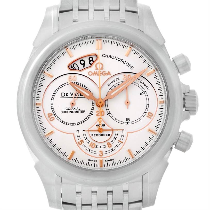 The image shows a frontal view of the Omega De Ville 422.10.41.50.04.001 Men's Stainless Steel White Dial 422.10.41.50.04.001 Men's Stainless Steel White Dial Chronoscope watch, highlighting its face, dials, and stainless steel bracelet.