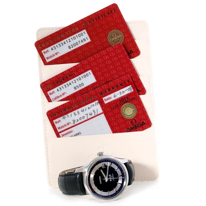 The image shows an Omega De Ville 431.33.41.21.01.001 Men's Stainless Steel Black Dial 431.33.41.21.01.001 Men's Stainless Steel Black Dial watch along with red warranty and certification cards, all laid out flat.