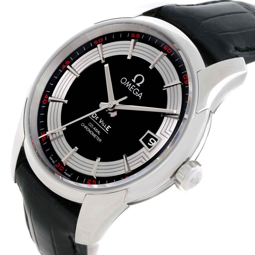 The image shows a close-up of the Omega De Ville 431.33.41.21.01.001 Men's Stainless Steel Black Dial 431.33.41.21.01.001 Men's Stainless Steel Black Dial watch face, crown, and part of the black leather strap.