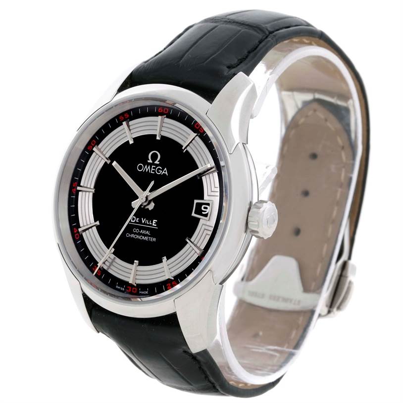 The image shows an Omega De Ville 431.33.41.21.01.001 Men's Stainless Steel Black Dial 431.33.41.21.01.001 Men's Stainless Steel Black Dial watch at an angle highlighting its dial, bezel, crown, and black leather strap.