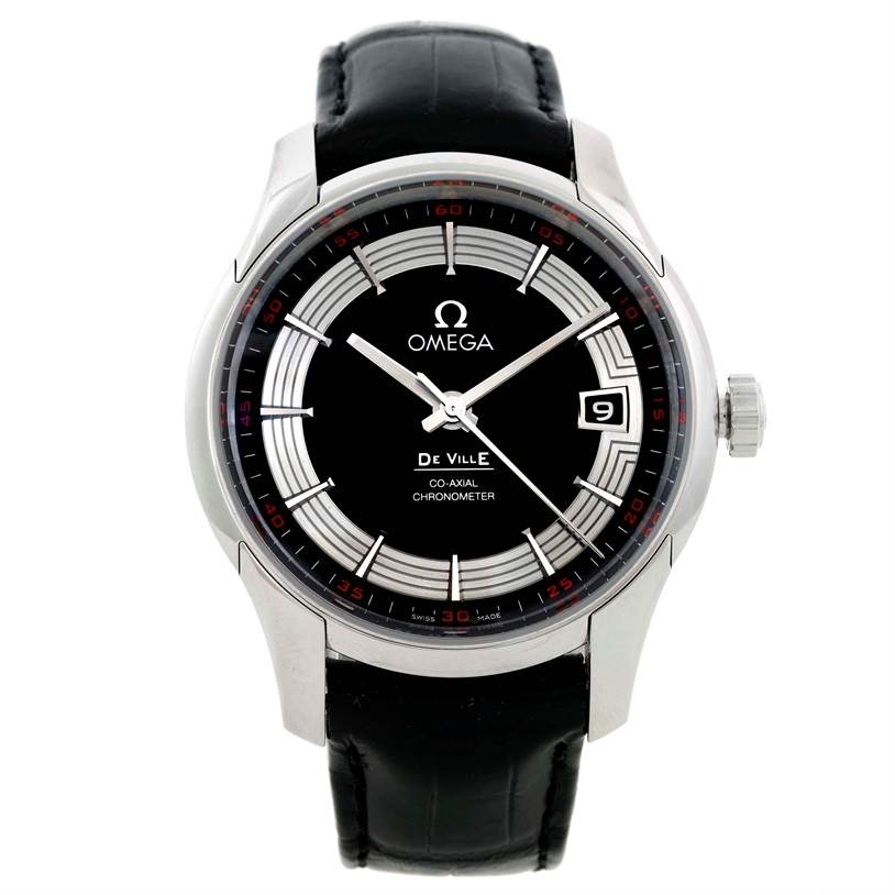 The Omega De Ville 431.33.41.21.01.001 Men's Stainless Steel Black Dial 431.33.41.21.01.001 Men's Stainless Steel Black Dial watch is shown from the front, highlighting the dial, hands, date window, bezel, and leather strap.