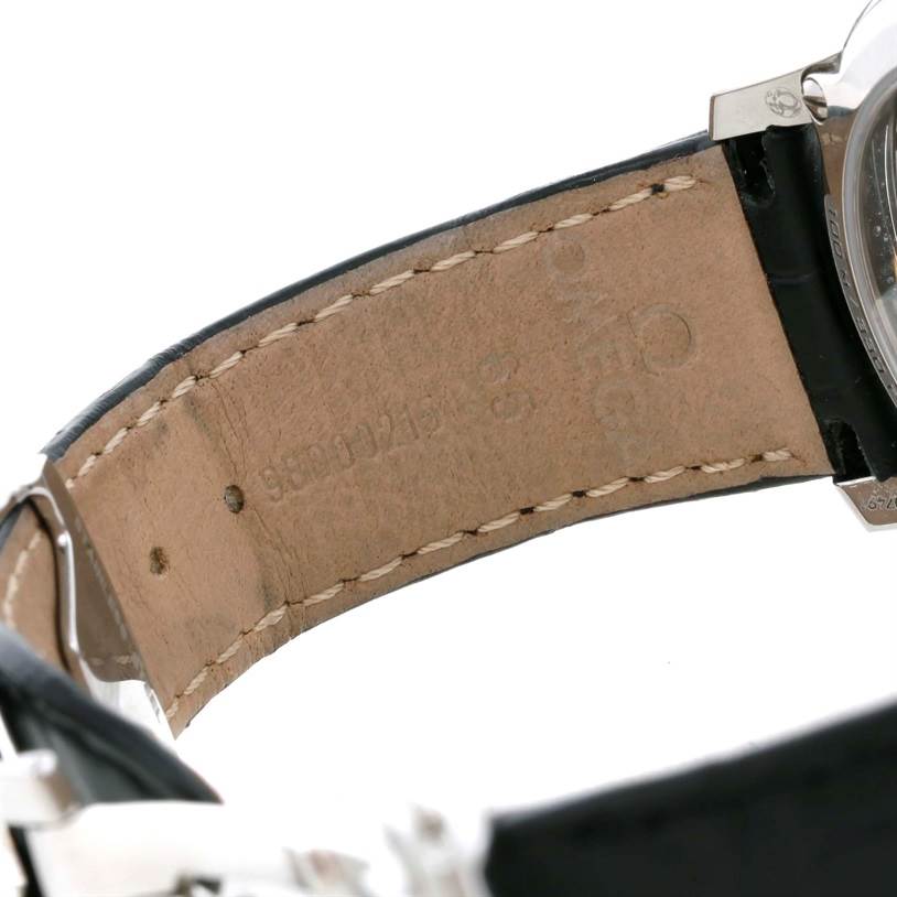 The image shows the underside of the leather strap and caseback of an Omega De Ville 431.33.41.21.01.001 Men's Stainless Steel Black Dial 431.33.41.21.01.001 Men's Stainless Steel Black Dial watch.